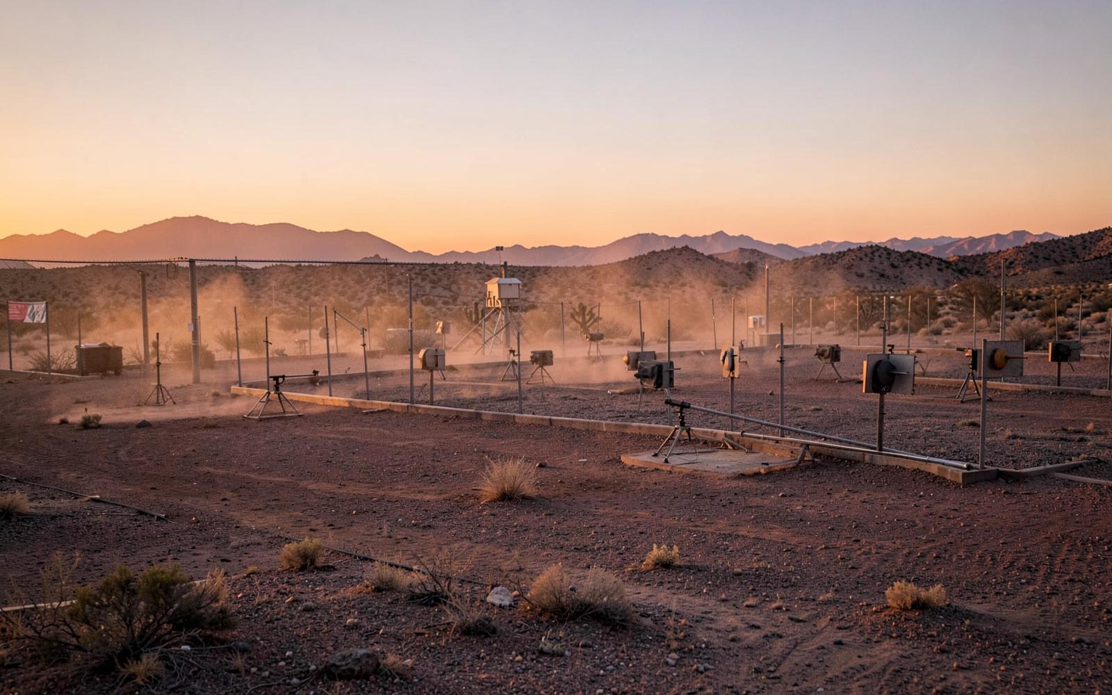Steel targets on an outdoor desert shooting range near Scottsdale, Arizona at dusk